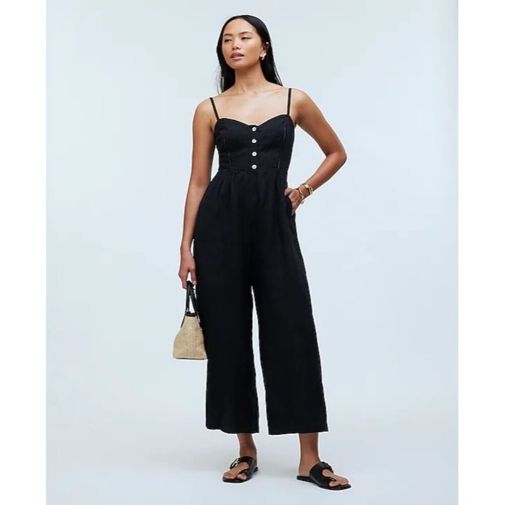 Madewell Sleeveless Wide-Leg Jumpsuit in 100% Linen in True Black